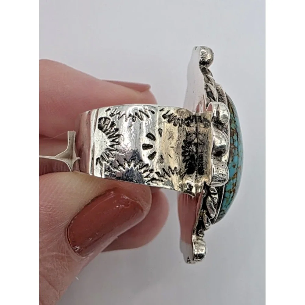 Handmade Sonoran Web Turquoise Ring Sterling Silver Signed 8M 17 grams Size‎ 7